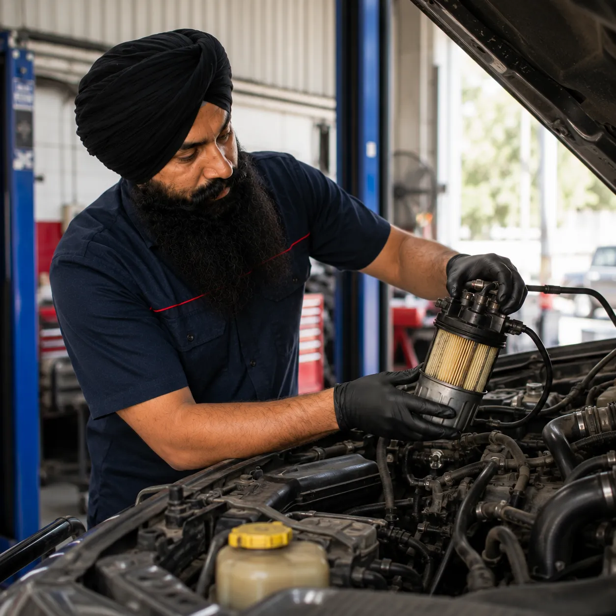 Mechanic replacing a diesel fuel filter on a 4WD in Beenleigh