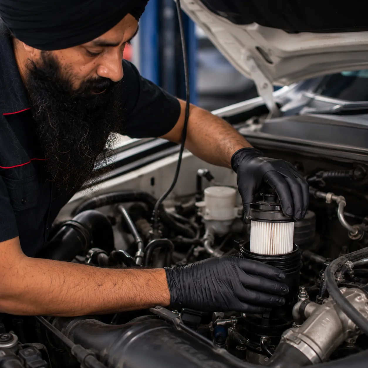 Mechanic replacing the fuel filter on a diesel dual cab ute in Beenleigh