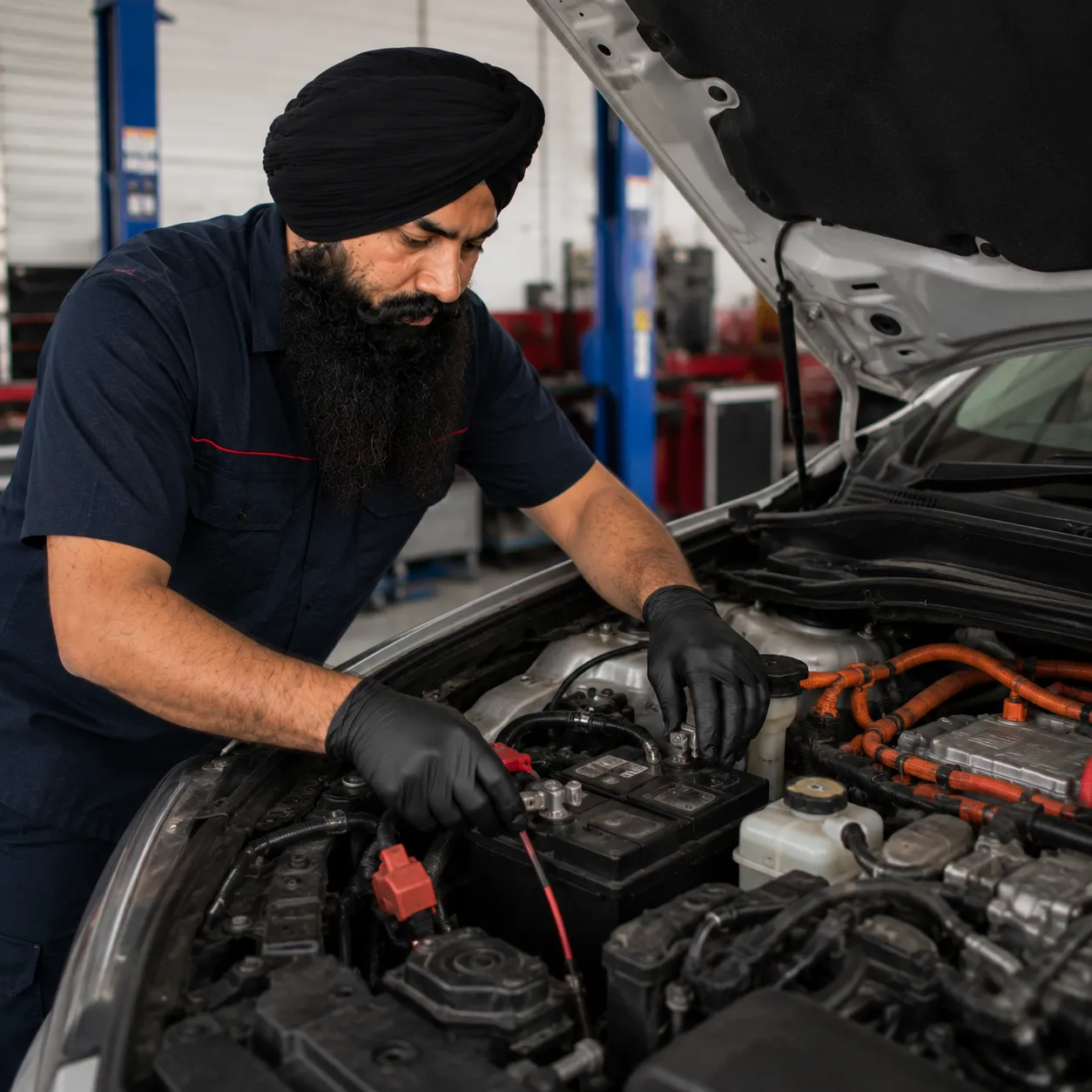 Mechanic checking the auxiliary battery on a hybrid car in Beenleigh