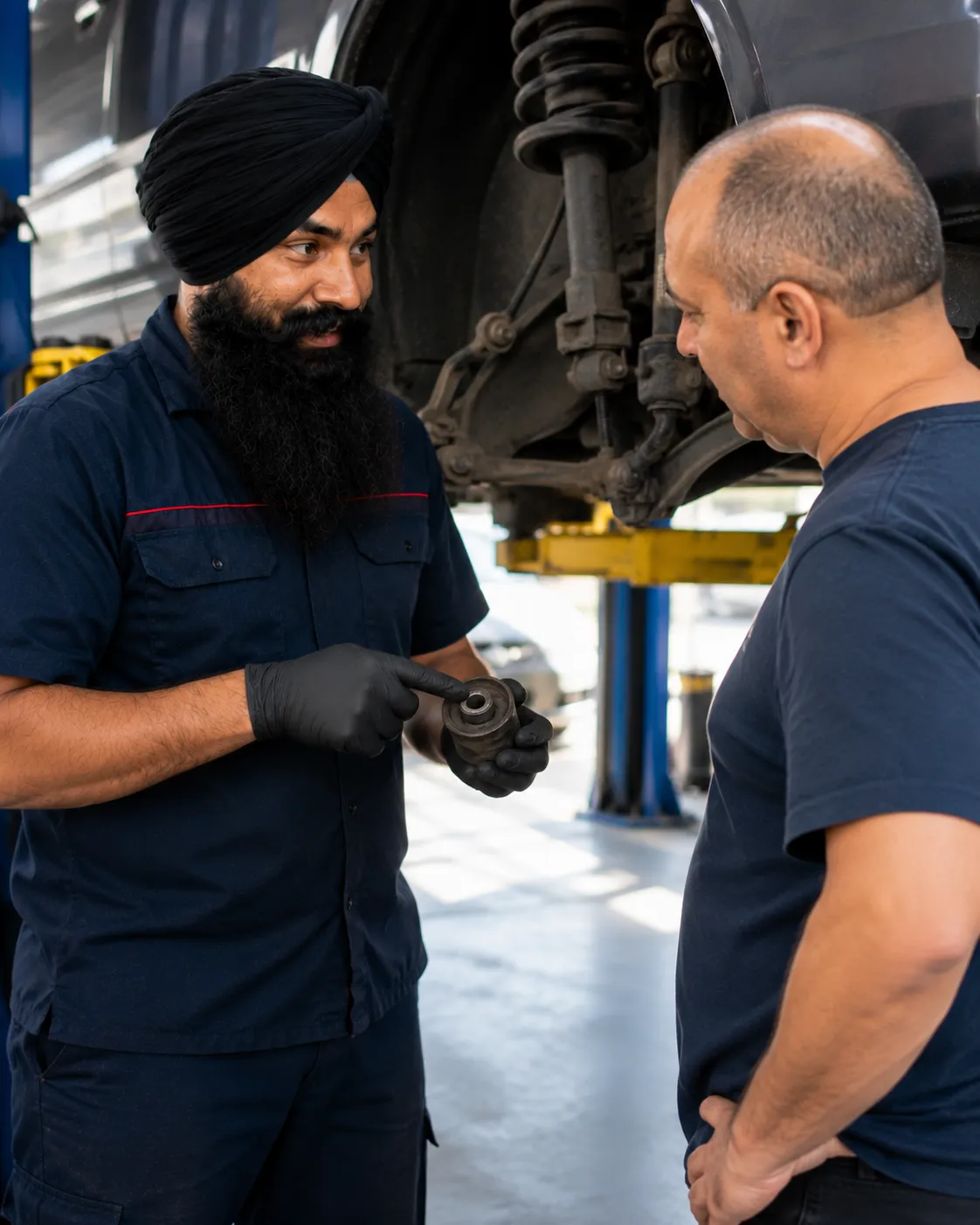 Mechanic showing a customer a worn suspension bush in Beenleigh