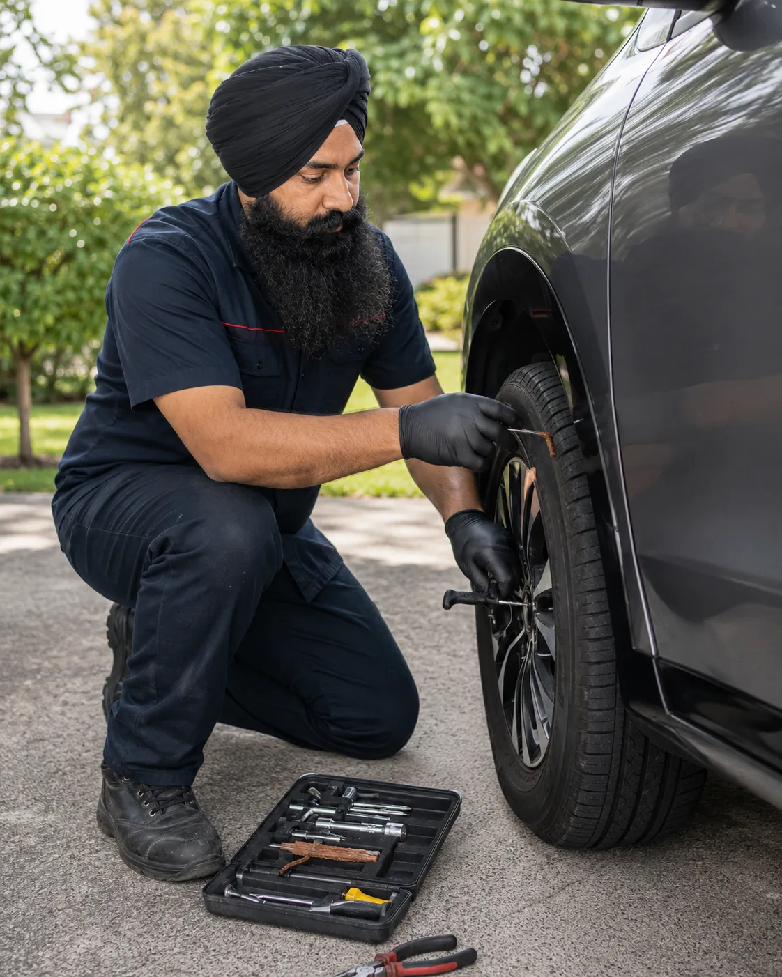Mobile tyre puncture repair in a Beenleigh driveway