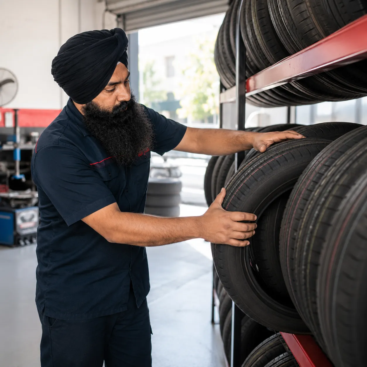 Mechanic selecting a new tyre from the rack at a Beenleigh tyre shop