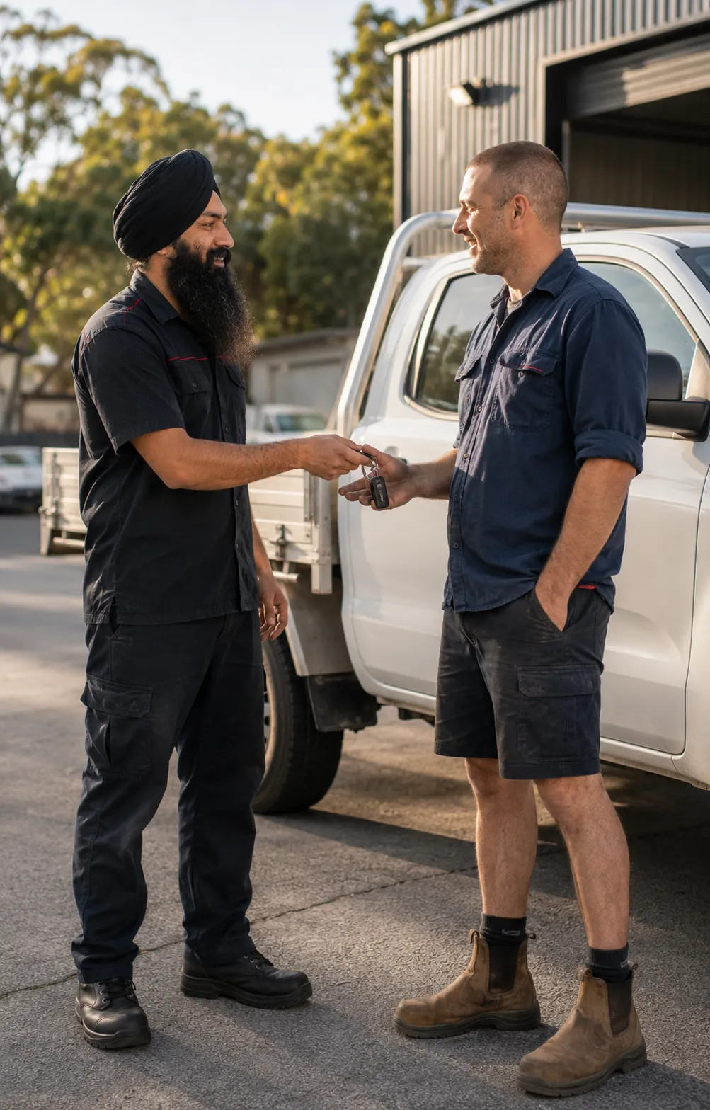 Mechanic returning ute keys to a tradesperson on a Saturday in Beenleigh
