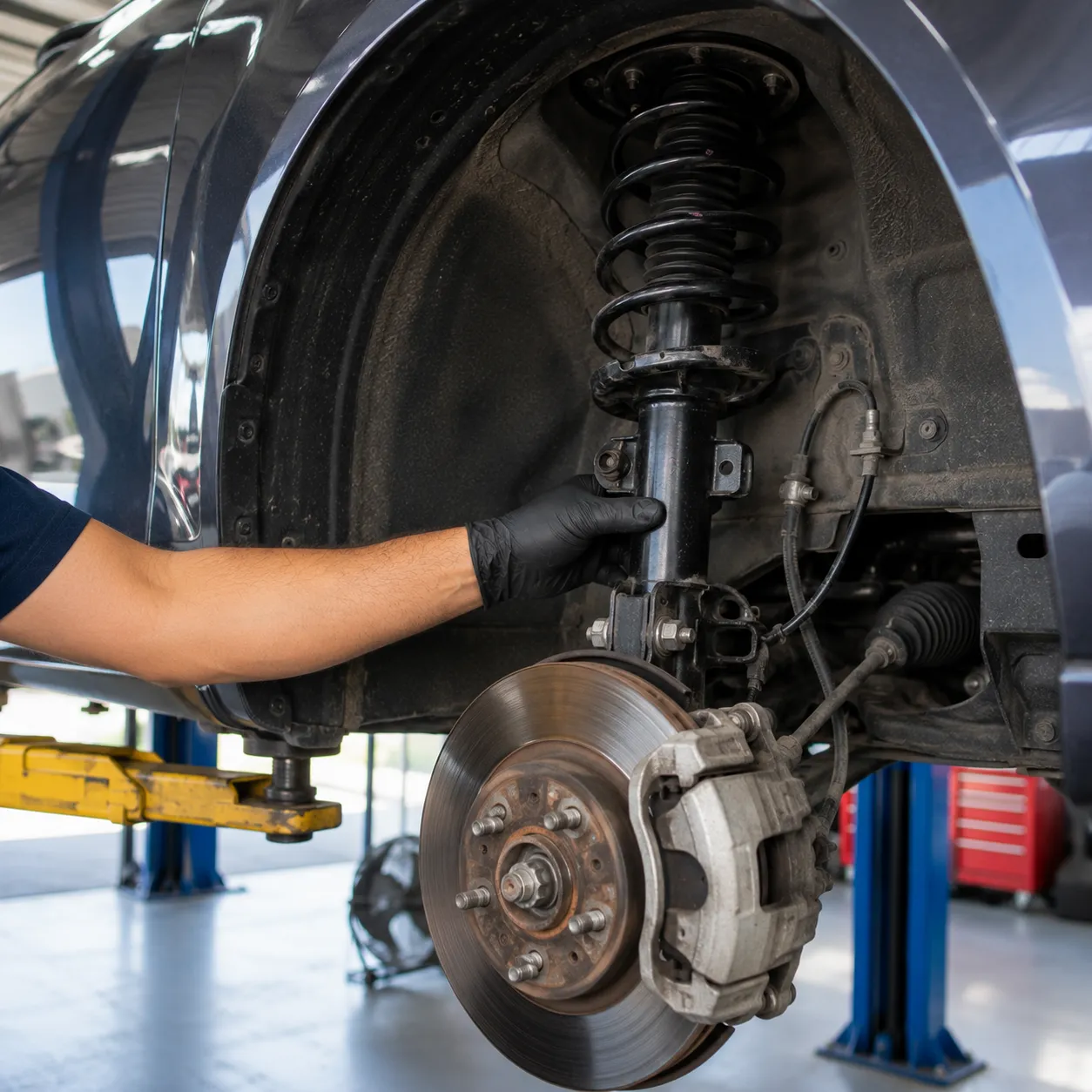 Car strut spring and brake assembly exposed with the wheel off in Beenleigh
