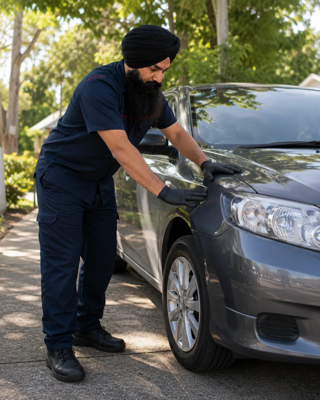 Mechanic performing a suspension bounce test in a Beenleigh driveway