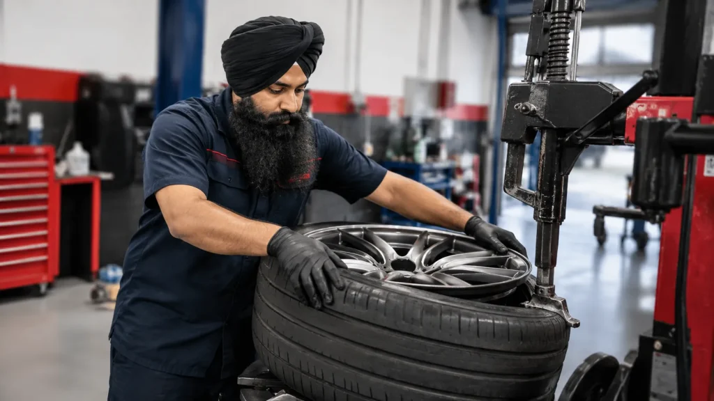Mechanic fitting a new tyre to a wheel at a Beenleigh tyre shop