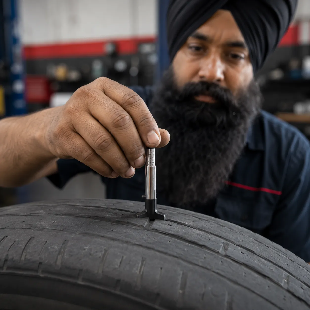 Mechanic checking tyre tread depth with a gauge in Beenleigh