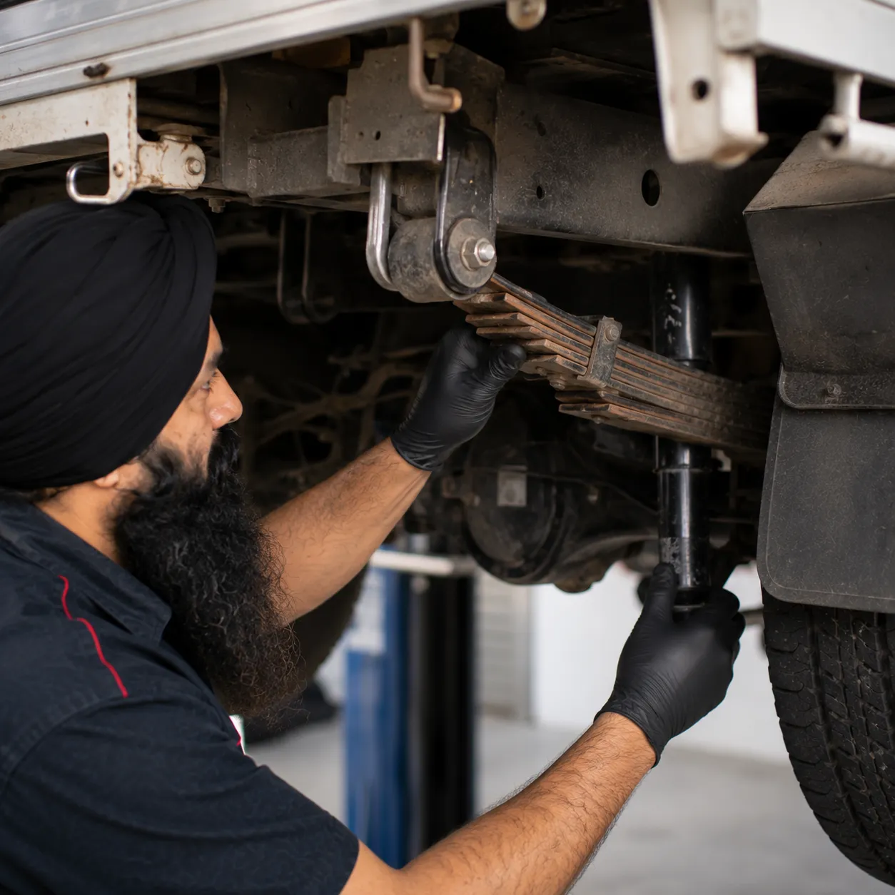 Mechanic inspecting the rear leaf springs of a work ute in Beenleigh