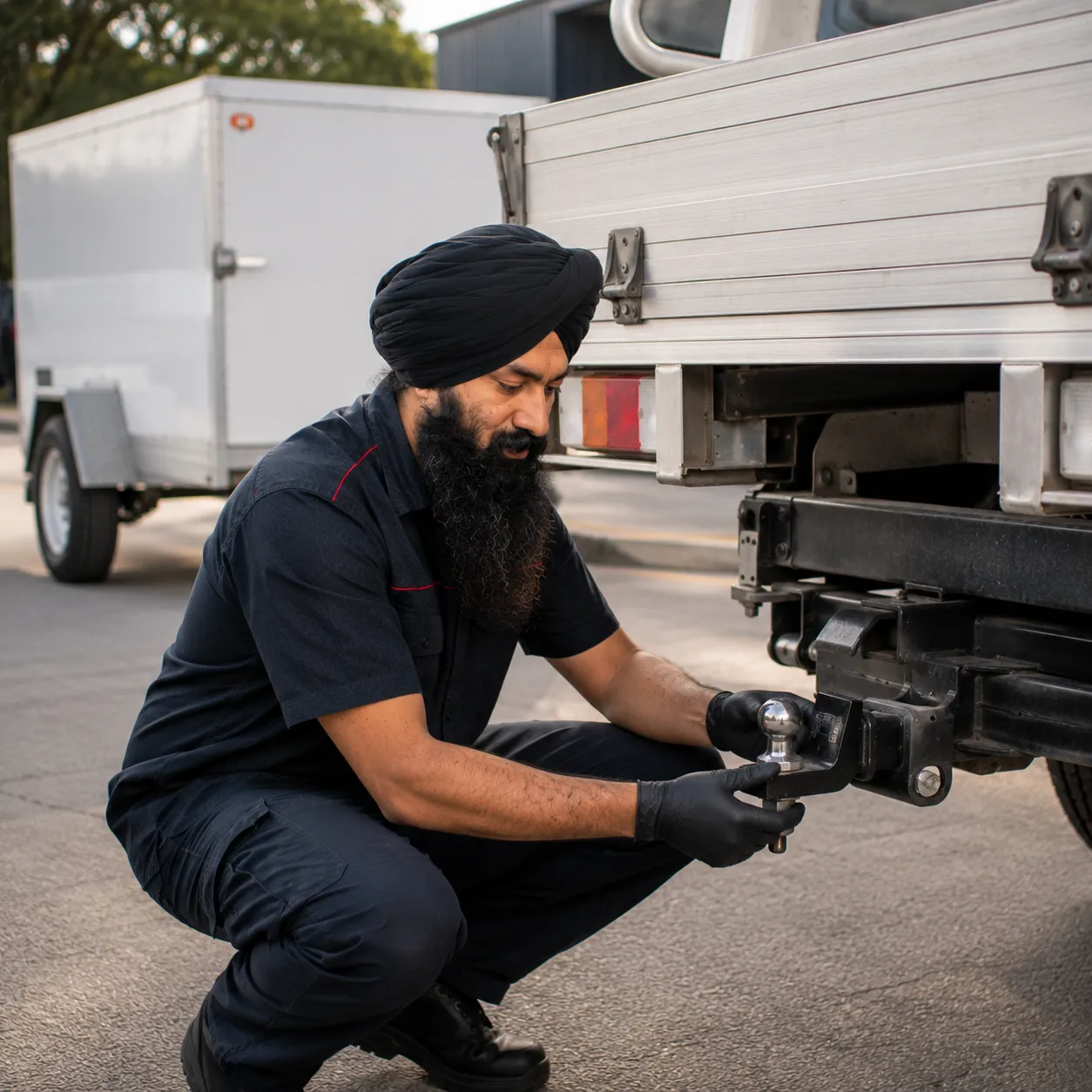 Mechanic checking the tow bar of a work ute in Beenleigh