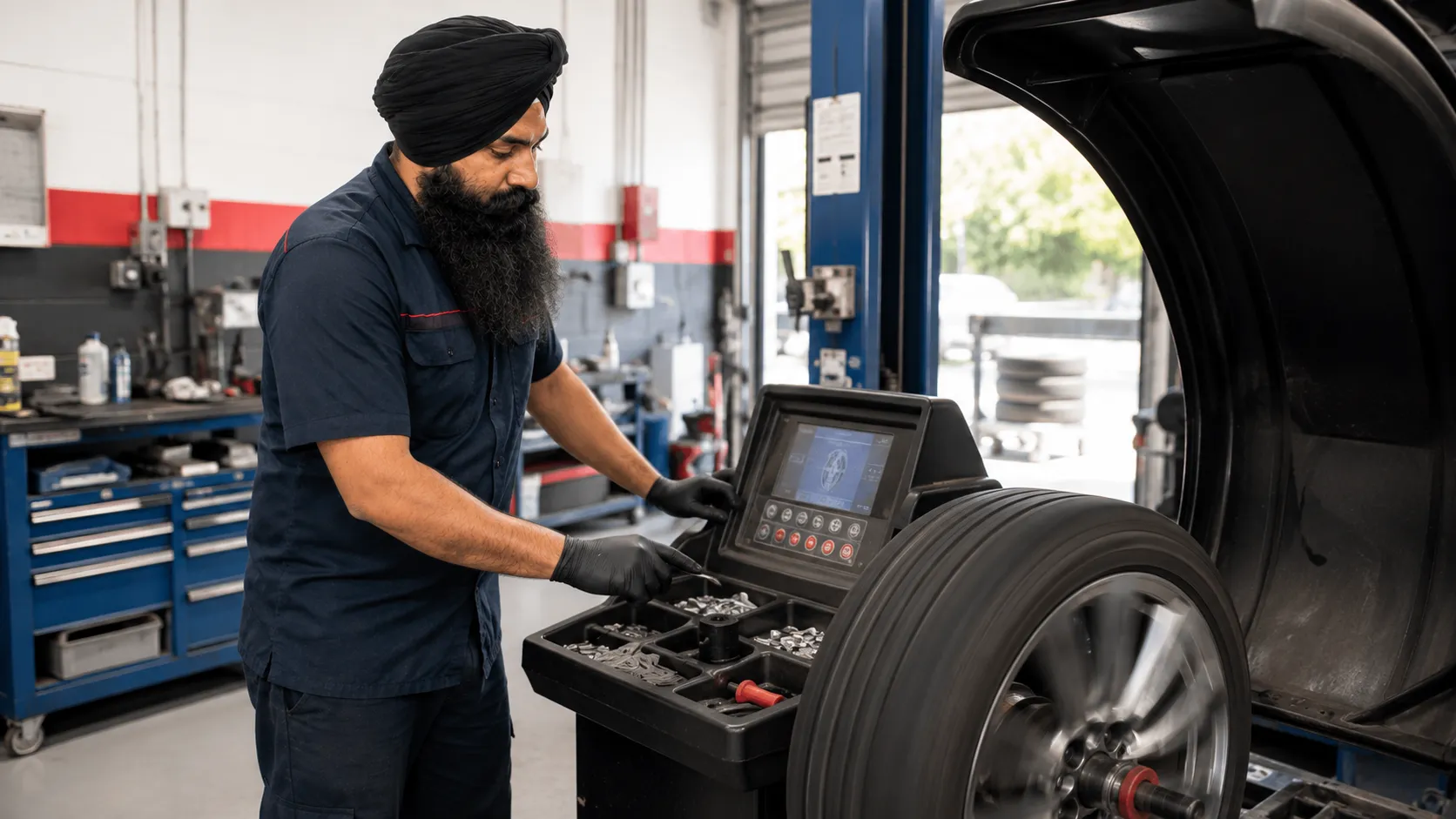 Mechanic balancing a wheel on a balancing machine in Beenleigh