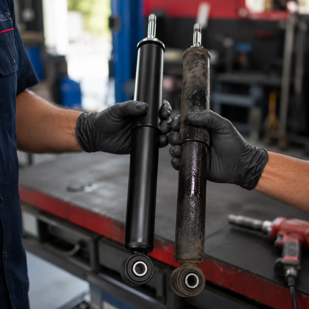 New shock absorber held beside a worn leaking one at a Beenleigh workshop