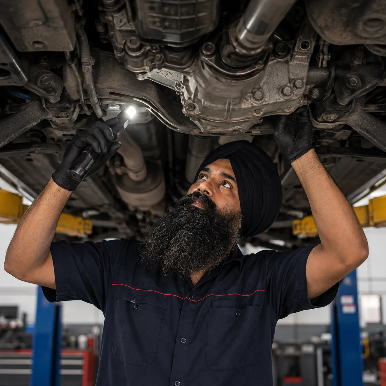 Mechanic inspecting a car drivetrain underneath a hoist in Beenleigh