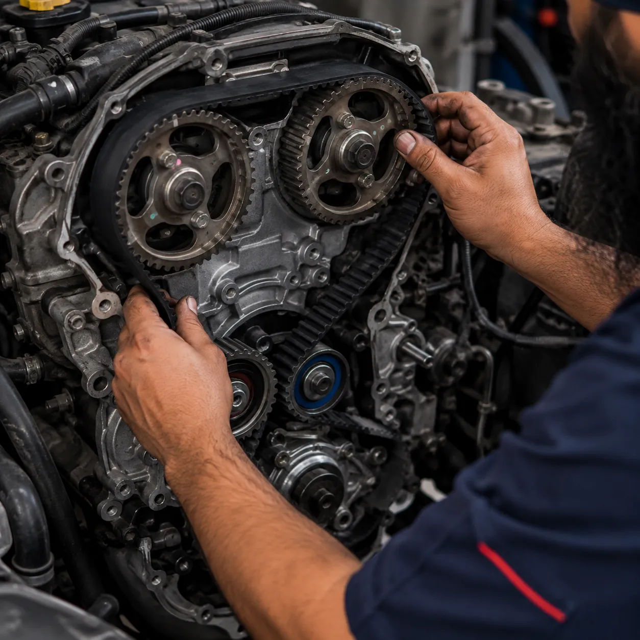 Mechanic fitting a new timing belt at a Beenleigh workshop