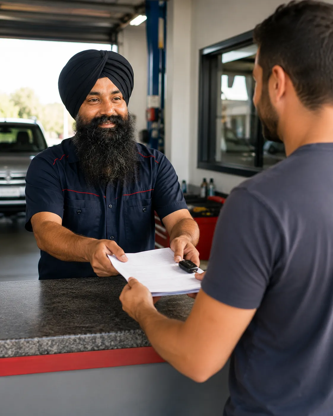 Mechanic handing a customer their vehicle service report in Beenleigh