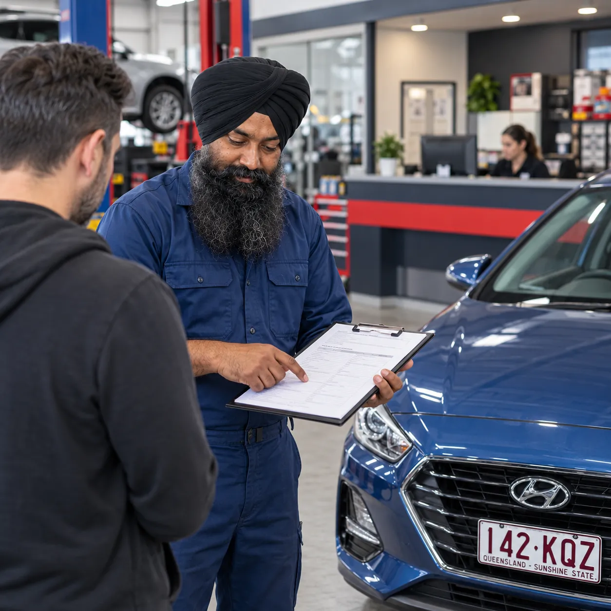 Mechanic showing a customer a printed quote on a clipboard beside a Hyundai i30 in Underwood