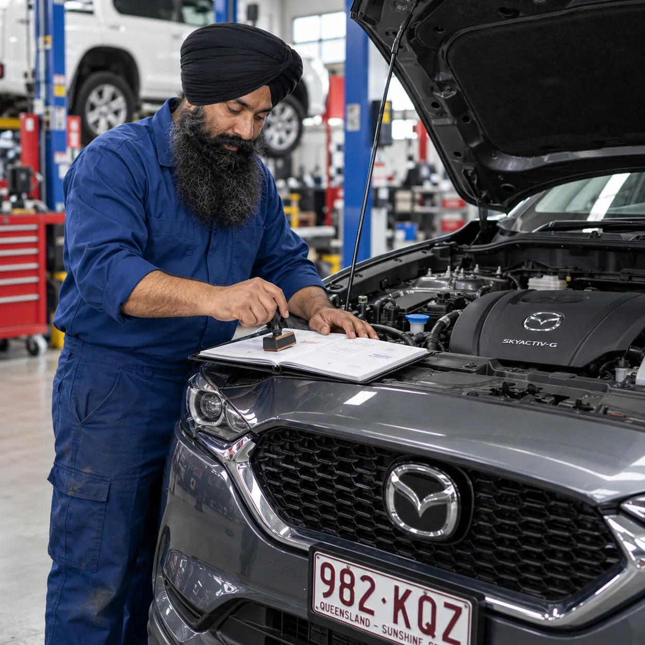 Mechanic stamping a service logbook beside a Mazda CX-5 with the bonnet open in Underwood