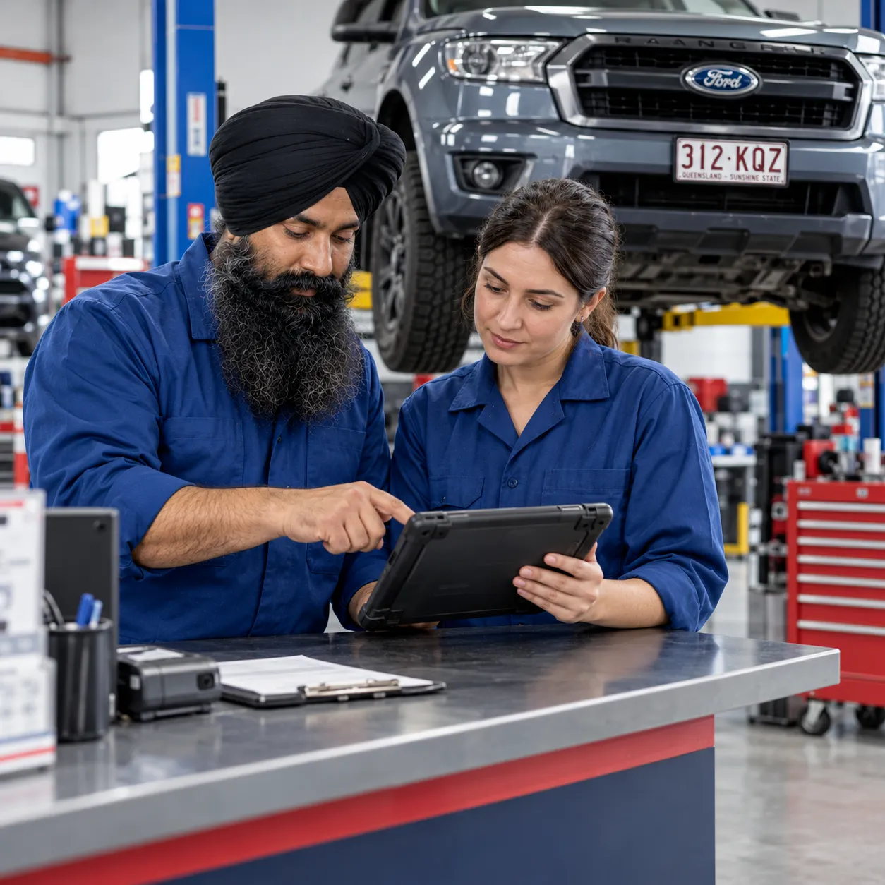 Two mechanics in blue workwear checking a tablet at a service counter with a Ford Ranger on a hoist behind them