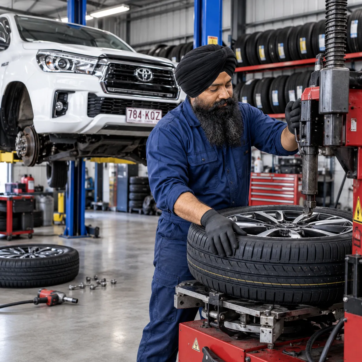 Mechanic fitting a new tyre on a tyre changer with a Toyota HiLux and tyre rack behind him in Underwood